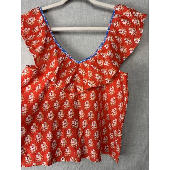 New J Crew Size XS Ruffle V Neck Top Cotton Classic Block Print Orange - Picture 5 of 7